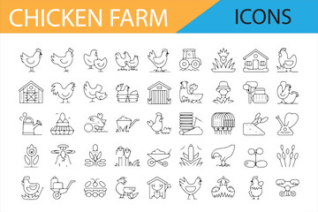 Farm Icons Collection with Hens, Roosters, and Agricultural Equipment