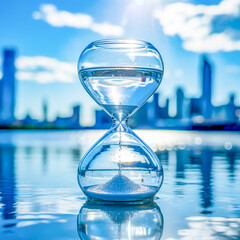 A close-up macro photograph of a transparent glass hourglass against a blurred cityscape background.