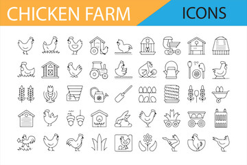 Poultry Farm and Farming Icons Featuring Hens and Eggs in Line Art © MDSUMON