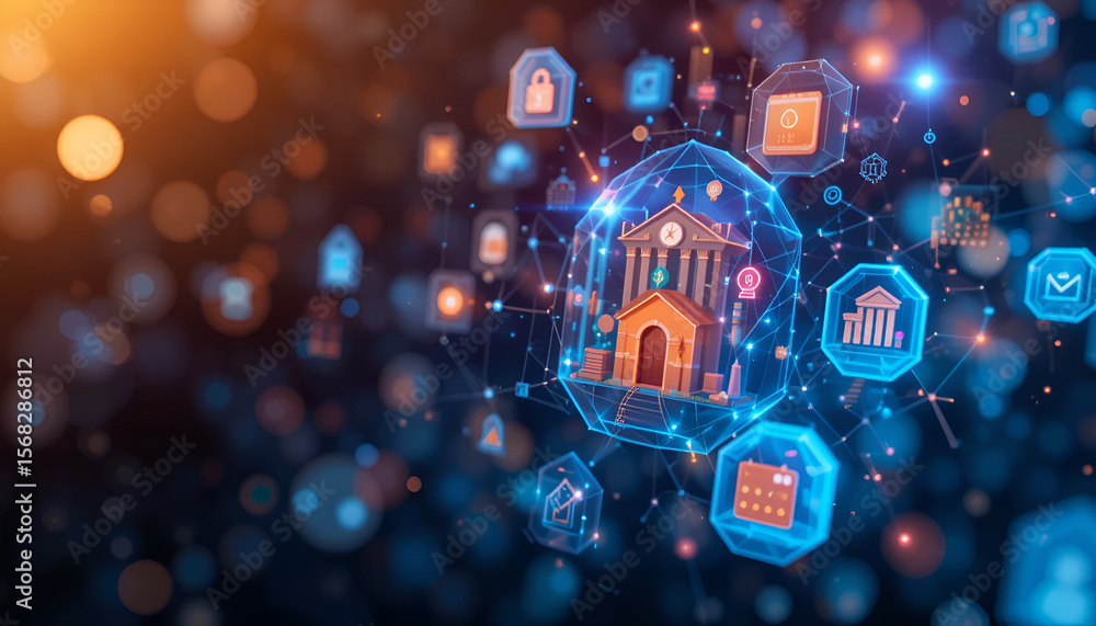 Poster futuristic banking concept presents a digital financial institution secured by blockchain technology