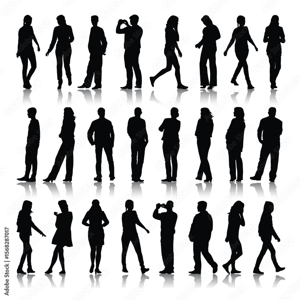 Poster Silhouettes of people standing walking and posing are arranged in three rows with reflective surfaces below