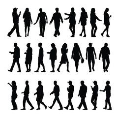 Silhouettes of people standingwalking arranged in three rows against a white background