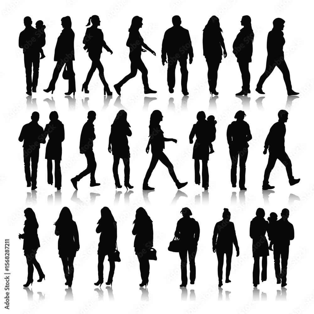 Poster silhouettes of people walking are arranged in rows and columns with reflective shadows below