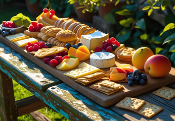 A beautiful charcuterie board with cheese, crackers, and fresh fruit