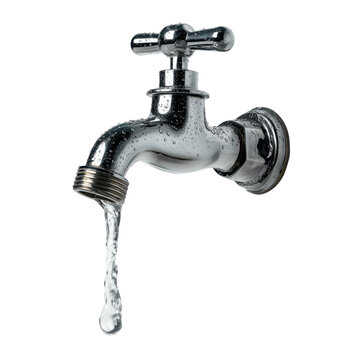 Close up of a chrome faucet with water drops and flowing water isolated on white