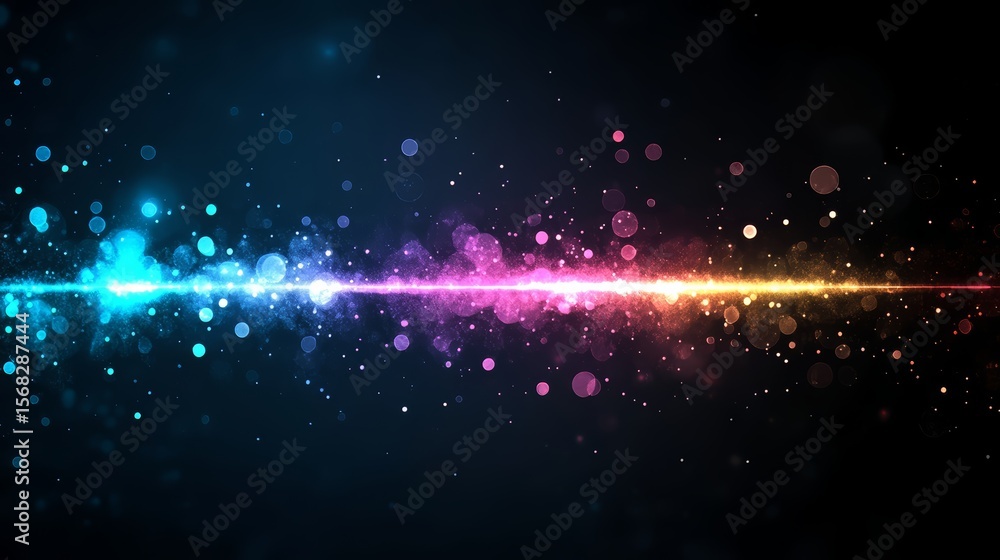 Poster colorful line of light with a dark background. the line is made up of many small dots
