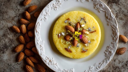 Pakistani badam halwa rich yellow topped with silver leaf and almonds served on white porcelain plate top down view