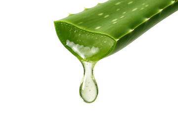 Aloe vera leaf with visible gel pulp and dripping juice isolated on transparent background