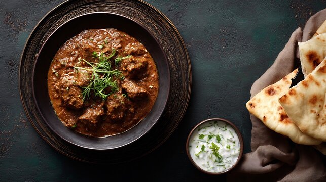 Pakistani bakra Eid special mutton korma thick brown gravy and whole spices served with sheermal bread and raita in banquet style setting top down view