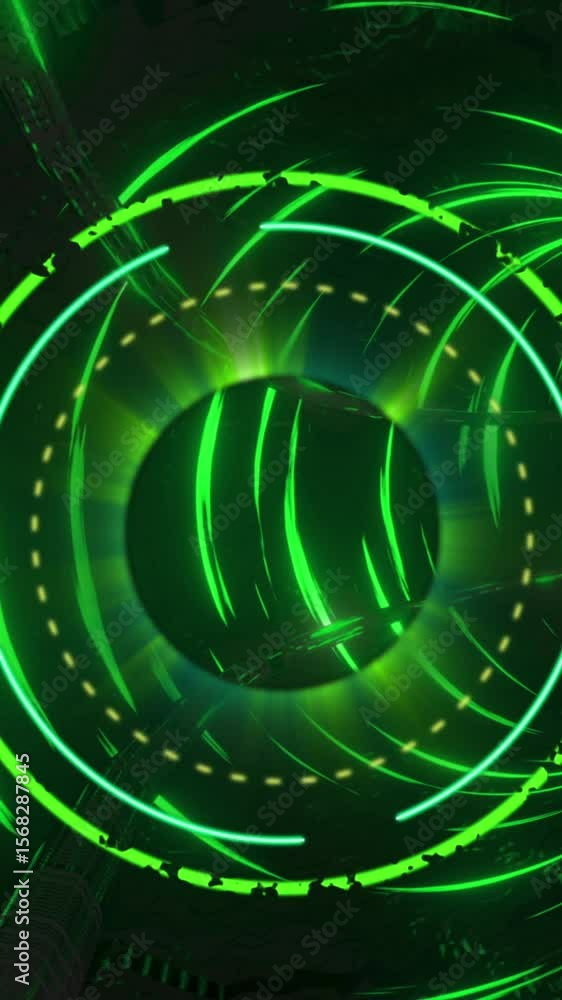 Poster animation of processing circle over black screen with tunnel made of green circles