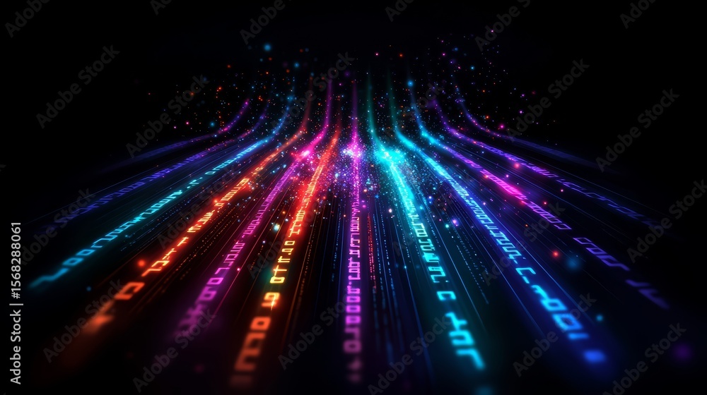 Poster colorful line of numbers and letters are displayed in a black background. concept of technology and 