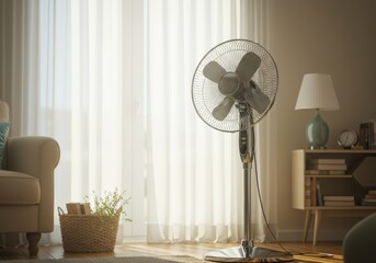 A modern pedestal fan stands in a sunlit living room with sheer curtains, providing a sense of coolness and comfort amidst a cozy home setting.