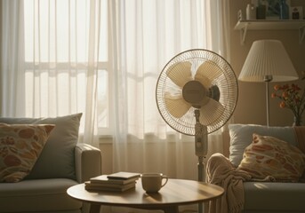 A pedestal fan stands near a window with sheer curtains in a softly lit living room, creating a cozy atmosphere with a focus on cooling and home comfort.

