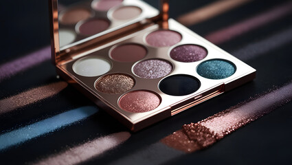 Shimmer and Matte Eyeshadow Palette in Rose Gold Case – Luxury Beauty Product Photography on Dark Background
