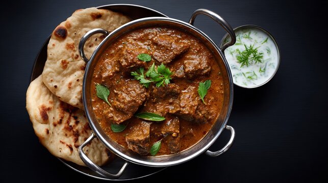 Pakistani bakra Eid special mutton korma thick brown gravy and whole spices served with sheermal bread and raita in banquet style setting top down view