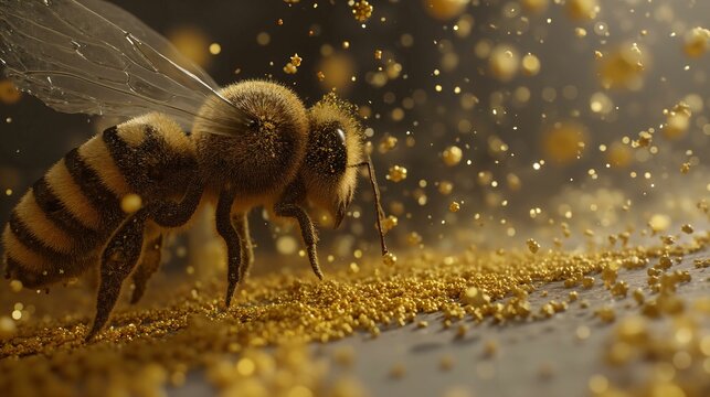 Enchanting Close-Up of a Bee Adorned in Iridescent Golden Pollen Against a Dreamy Background.