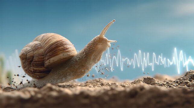 Dynamic Snail Racing Across Sandy Ground with Ethereal Blue Waveform Background