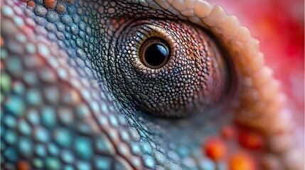 Intricate Close-Up of a Chameleon's Eye Showcasing Vibrant Colors and Texture Patterns