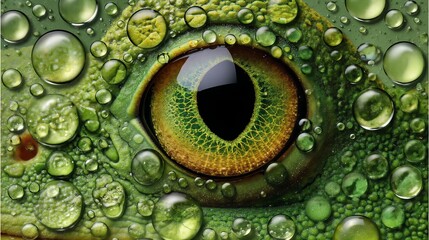 Intricate Close-Up of a Frog's Eye Adorned with Glimmering Water Droplets