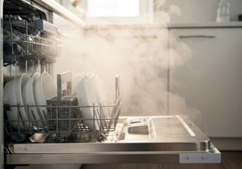Steam billows from a partially open, modern dishwasher in a bright kitchen, revealing racks filled with gleaming, freshly washed dishes and cutlery.