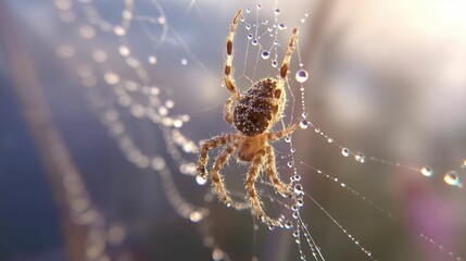 Intricate Spider Web Adorned with Dewdrops in a Serene Morning Setting