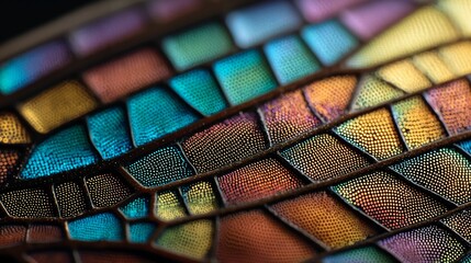 Iridescent Insect Wing Close-Up: A Colorful Mosaic of Teal, Orange, and Gold Patterns