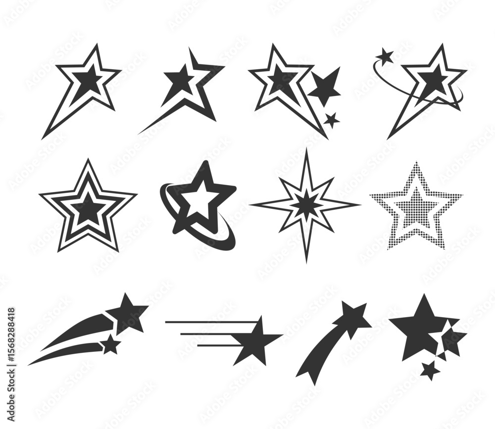 Poster array of star icons black on white background various styles and orientations