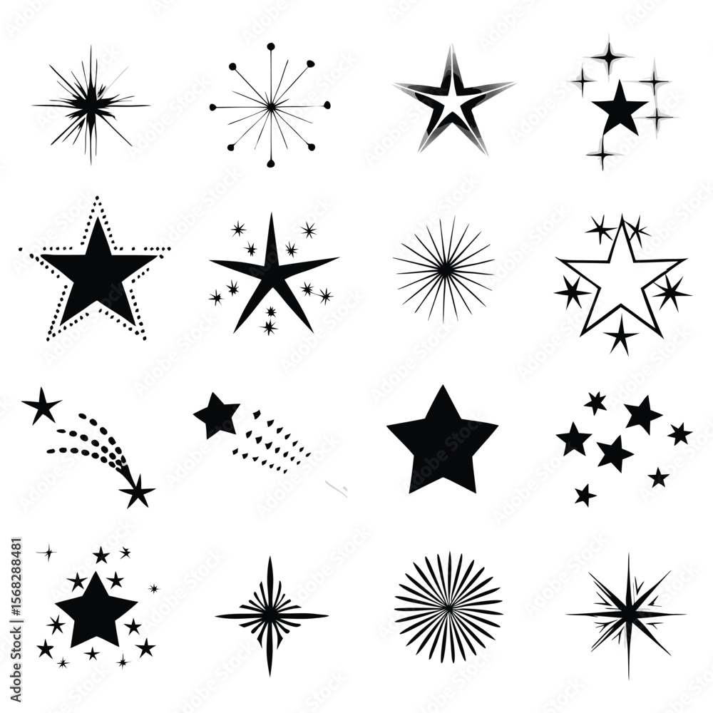Poster black white image with 16 star variations in rows of four different types of stars and radial bursts