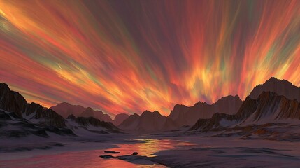 Surreal Landscape Under Fiery Sky: Jagged Mountains and Reflective Icy Waters