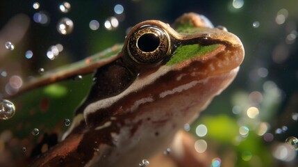 Close-Up of a Serene Brown Frog Submerged in Dreamy Aquatic Environment with Soft Lighting