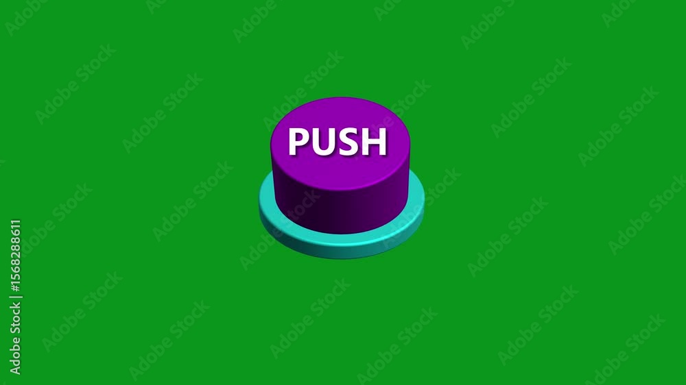 Fototapete pressing 3d push round button animation white and green background. round button with the word push.