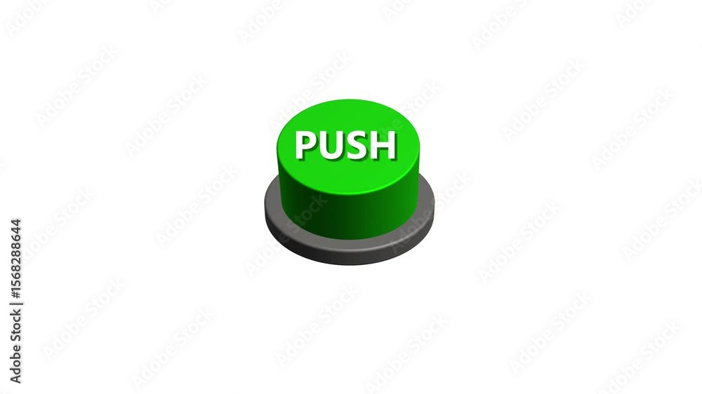 Poster pressing 3d push round button animation white and green background. round button with the word push.