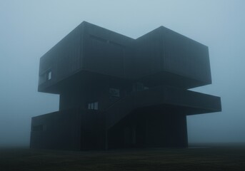 A stark, brutalist-style building with geometric shapes, shrouded in a dense fog or mist, creating a mysterious and somewhat eerie atmosphere. The dark tones enhance its imposing presence.