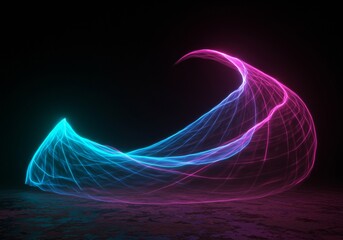 An abstract 3D render featuring intertwining luminous waves or lines in vibrant blue and pink neon colors, creating a futuristic and energetic visual against a dark background. It evokes data flow or 