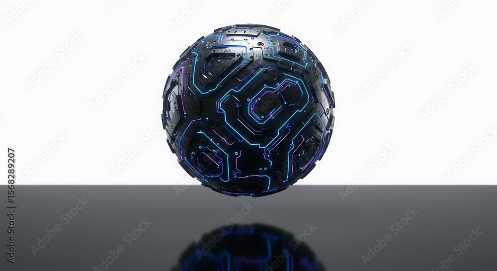 Poster a dark, spherical object with intricate, glowing patterns, reflected on a dark surface.