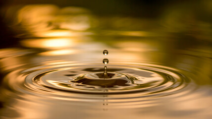 A macro photograph of a water droplet falling into still water, creating perfect concentric ripples