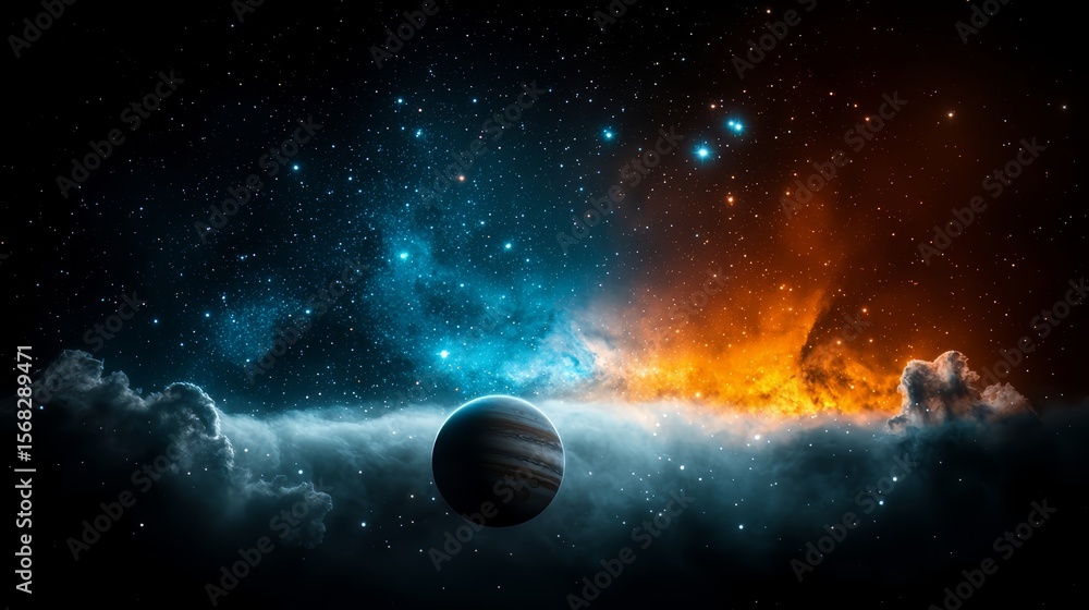 Poster colorful space scene with a large planet in the middle. the planet is surrounded by a cloud of gas a