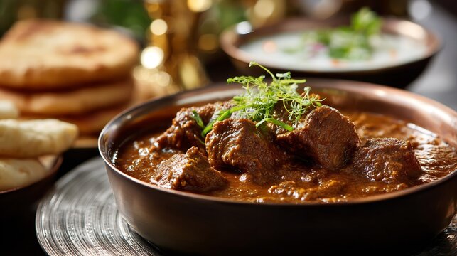 Pakistani bakra Eid special mutton korma thick brown gravy and whole spices served with sheermal bread and raita in banquet style setting top down view