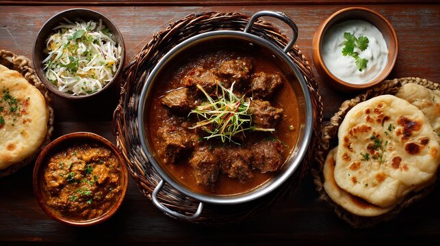 Pakistani bakra Eid special mutton korma thick brown gravy and whole spices served with sheermal bread and raita in banquet style setting top down view