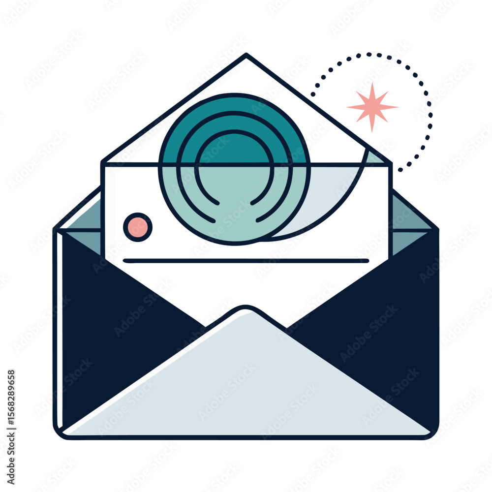 Poster modern stylized illustration of an open envelope with a circular graphic and sparkle effect symboliz