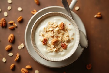 From above yoghurt served with oats and dried nuts on brown background