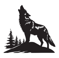 A black silhouette of a howling wolf atop a hill with pine trees against a white background