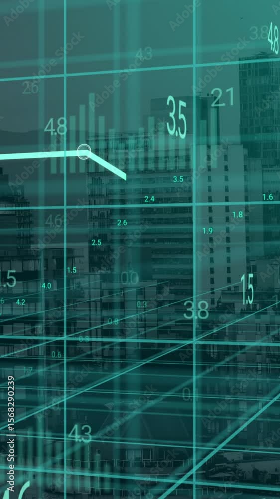 Poster animation of blue graph and data processing on 3d grid over buildings in modern cityscape