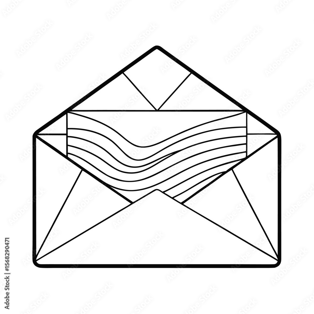 Poster open envelope with wavy lines representing correspondence or communication inside simple outline ill