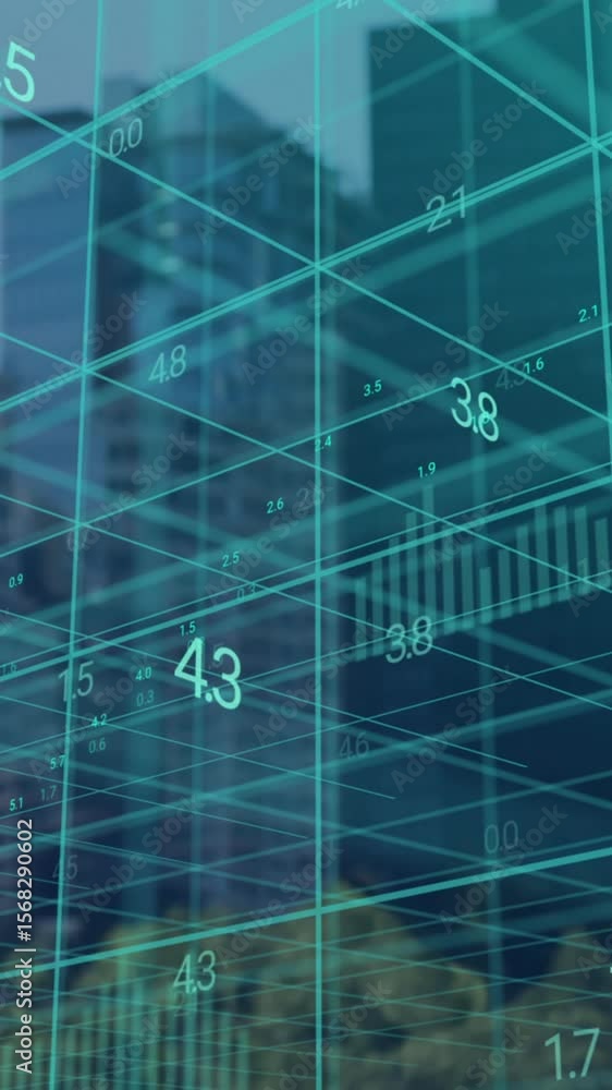 Poster animation of data processing on 3d grid over buildings in modern cityscape