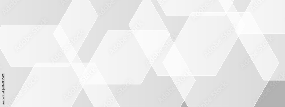 Poster abstract seamless background with overlapping translucent white hexagons on a light gray to white gr