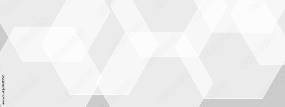Poster abstract seamless background with overlapping translucent white hexagons on a light gray to white gr