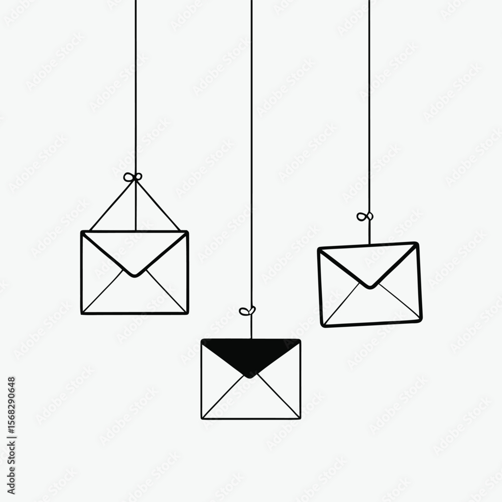 Poster three minimalist envelopes suspended by thin black strings against a clean white background creating