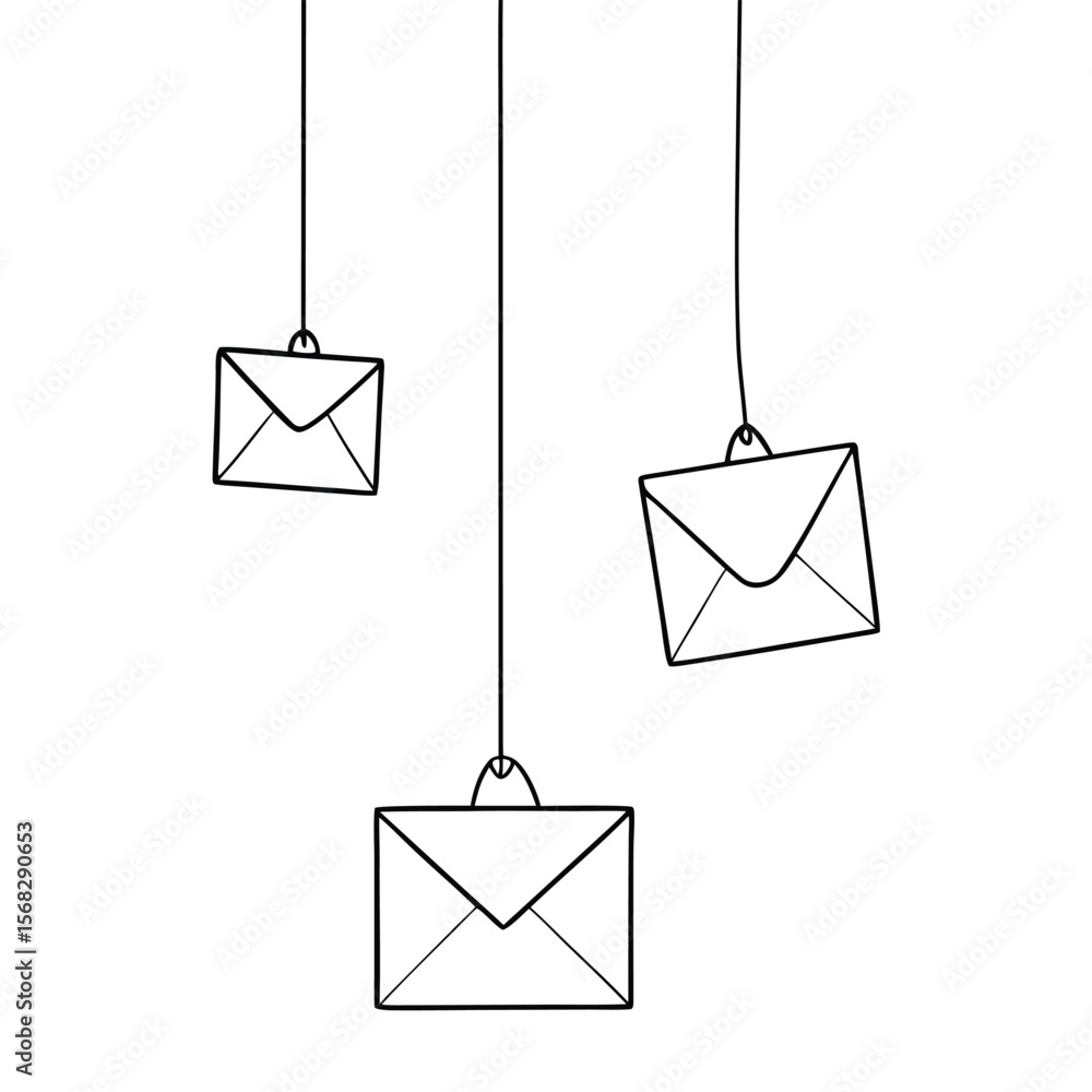 Poster three minimalist envelopes suspended by thin strings against a clean white background evoking a sens