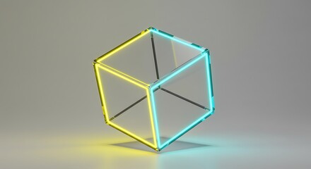 A neon cube, with yellow and cyan glowing edges, floats against a neutral gray background.